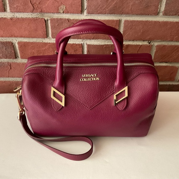 Versace Collection Barrel  Burgundy Leather Satchel Shoulder Bag NWOT - Picture 2 of 16